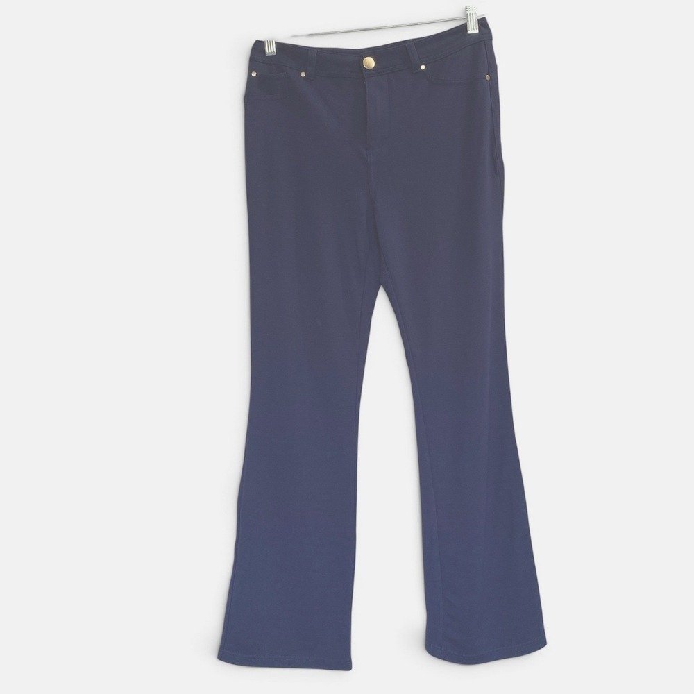 IMAN Navy Blue Flare Leg Stretch Knit pants Gold Hardware Size 10